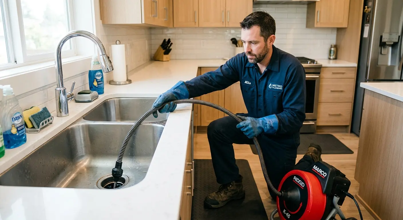 Drain cleaning technician using a motorized snake on a kitchen sink in Lincoln Park