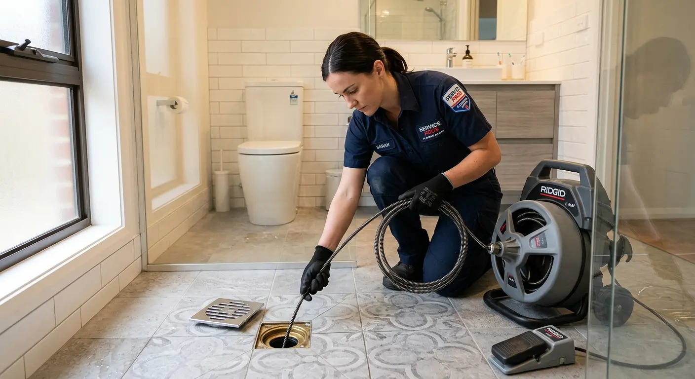 Technician clearing a bathroom floor drain for Clogged Drain Repair in Lincoln Park